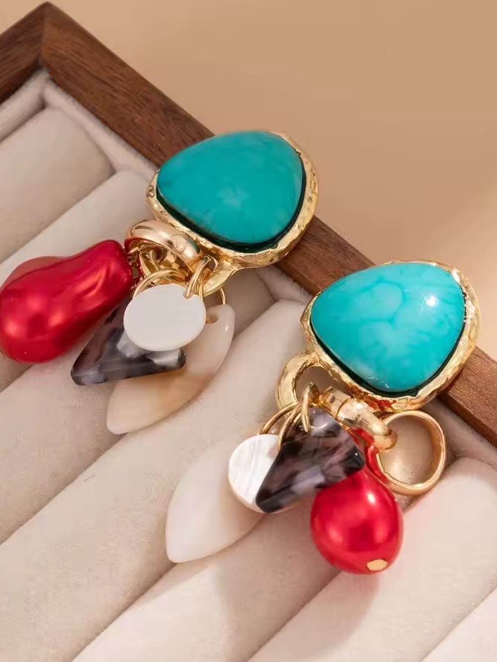 Anthropologie Gold-Tone Earrings with Turquoise, Red and Cream Accents - Picture 1 of 5